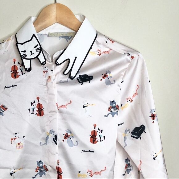 Ylmin Sz M Long Sleeve Orchestra Cat Silky Shirt - Picture 1 of 7